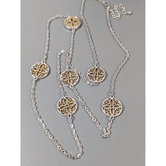 Elegant Two Tone Floral Medallion Station Chain Long Layering Necklace 40" - Picture 2 of 7